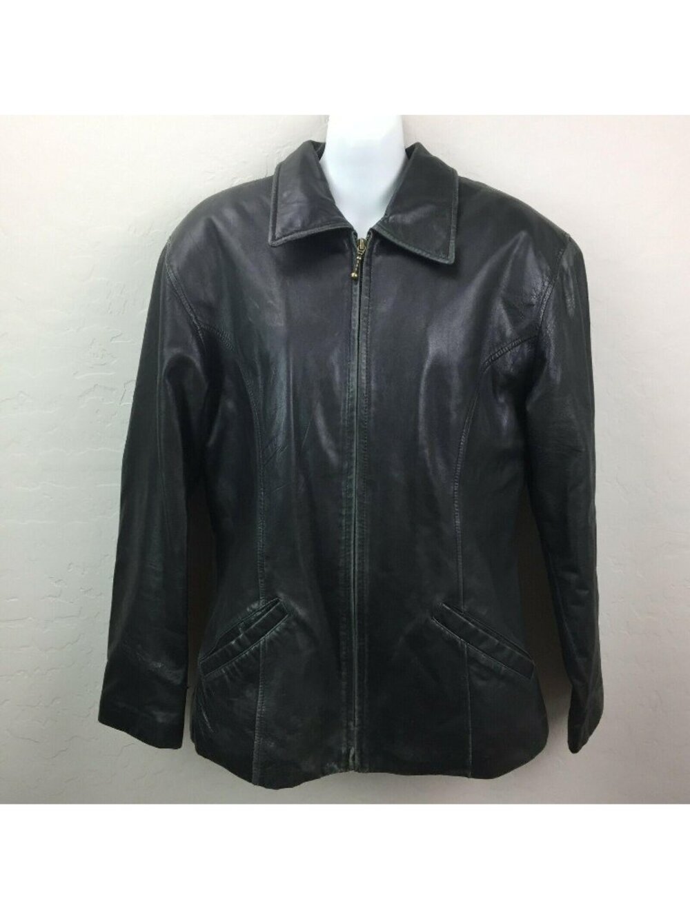 Wilsons Vintage 90s Womens Black Leather Jacket Full Zip Pockets Size Large